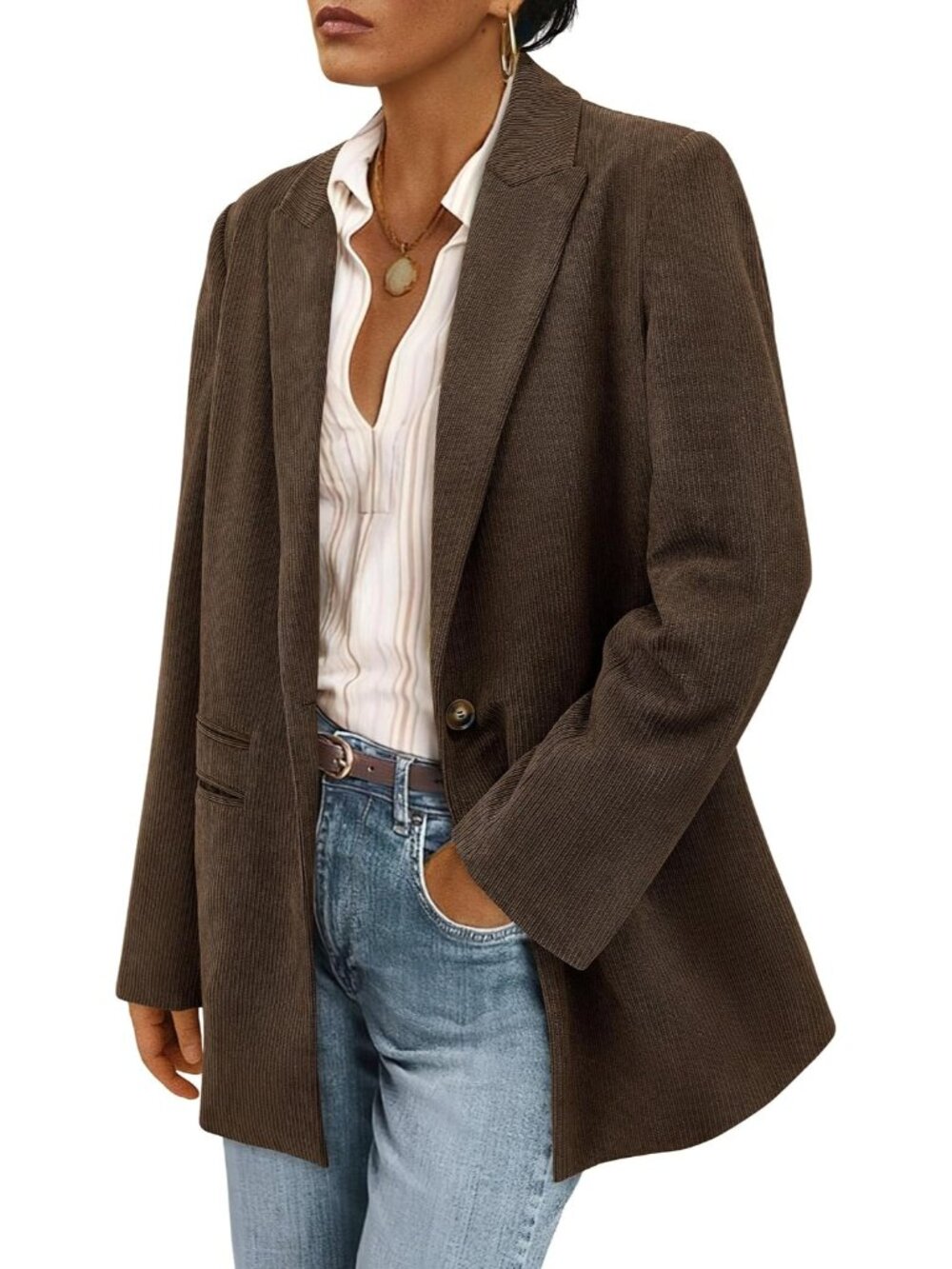 Women's Coffee Long Sleeve Lapel Button Fall Coat Corduroy Blazer Jacket